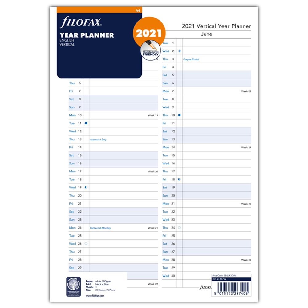 Filofax A4 Vertical 2027 Year Planner Refill - Fountain Pen Friendly Paper